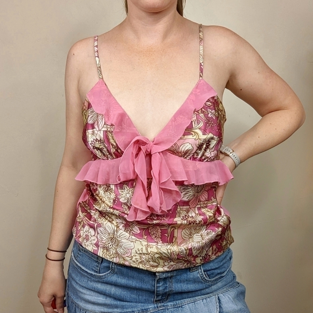 Ben Lynn Y2K Floral V-Neck Spaghetti Strap Swing Tank Top - Size Medium